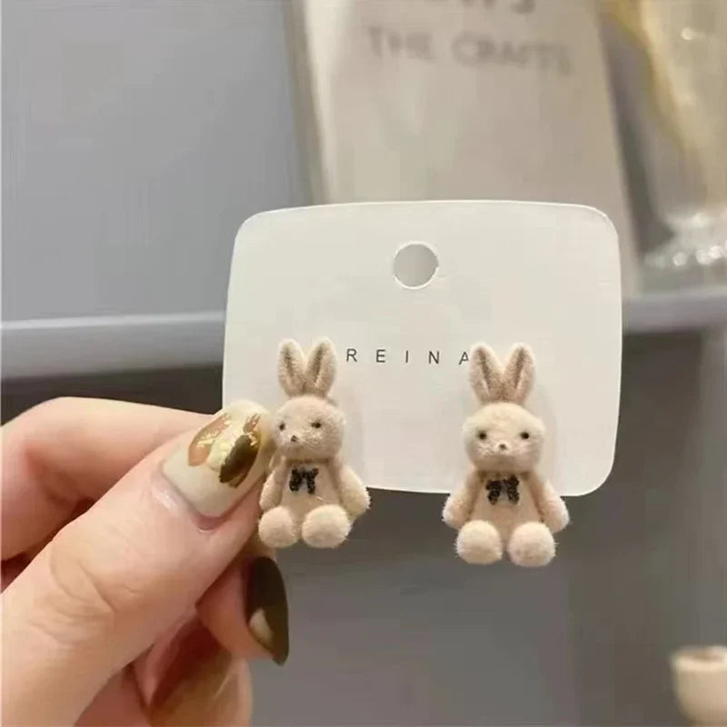 Zenvalora® Cute Flocking Plush Rabbit Bear Stud Earrings Kawaii Brown Khaki Animal Earrings For Women Girls Korean Earring Jewelry