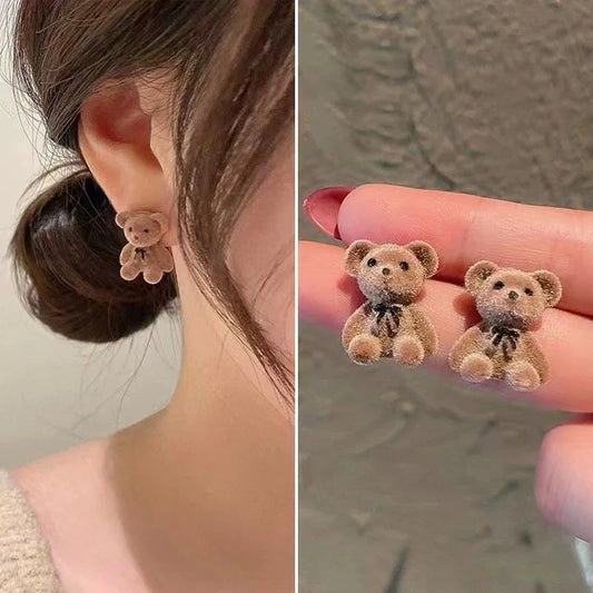 Zenvalora® Cute Flocking Plush Rabbit Bear Stud Earrings Kawaii Brown Khaki Animal Earrings For Women Girls Korean Earring Jewelry