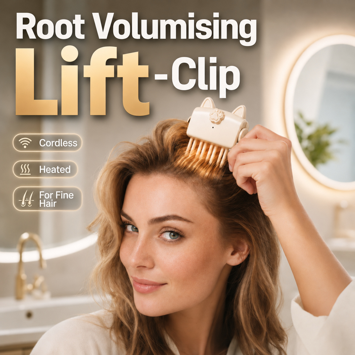 👝 Cordless Heated Root Volumising Clip, Portable Travel Hair Styling Tool for Fine, Straight Hair