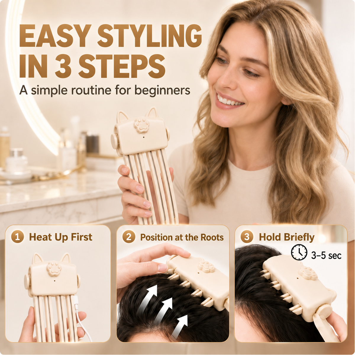 👝 Cordless Heated Root Volumising Clip, Portable Travel Hair Styling Tool for Fine, Straight Hair