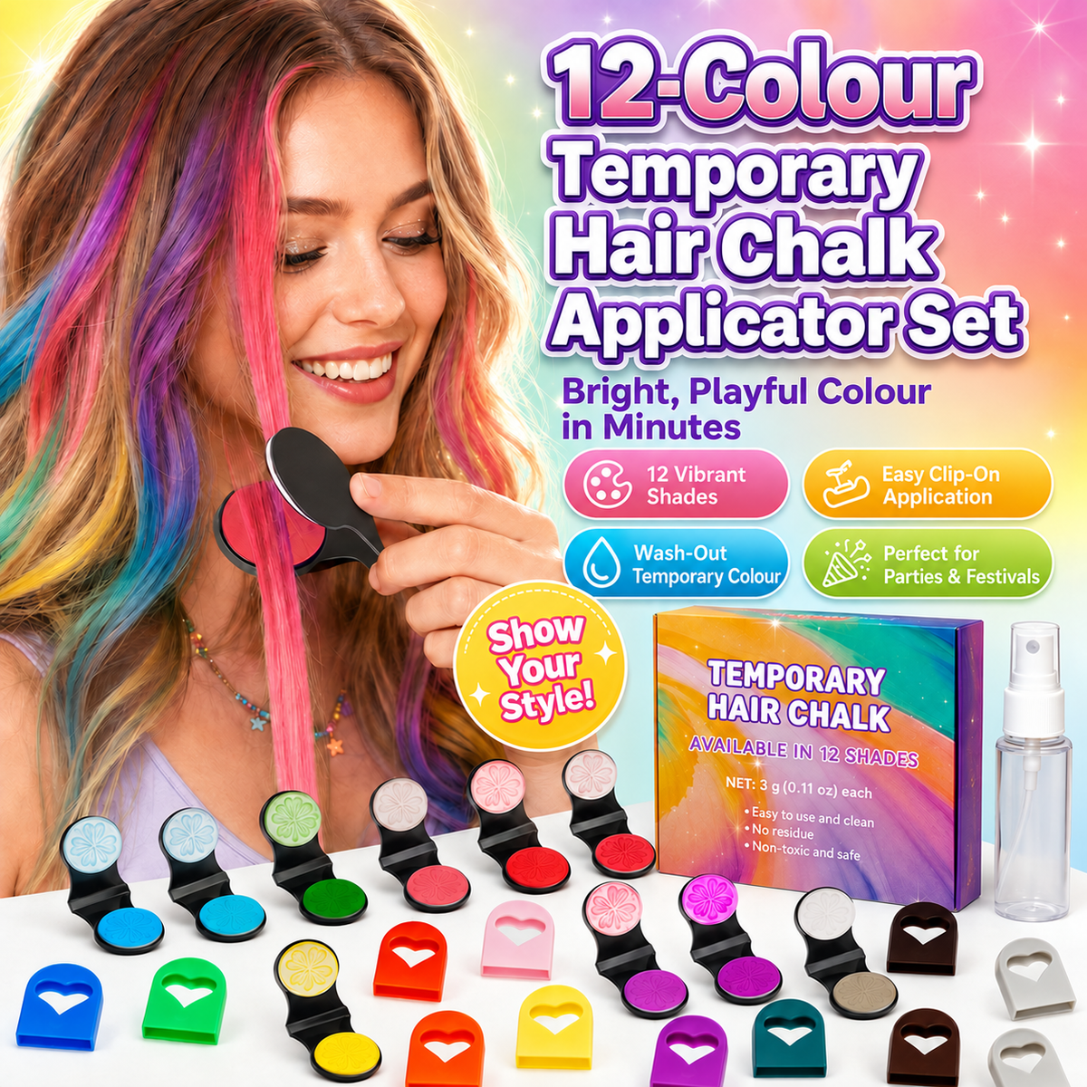 🆙 TODAY ONLY: 50% OFF!! 🌈 12-Colour Hair Chalk Applicator Set 🌈 | ✅ No Bleaching, No Stains |