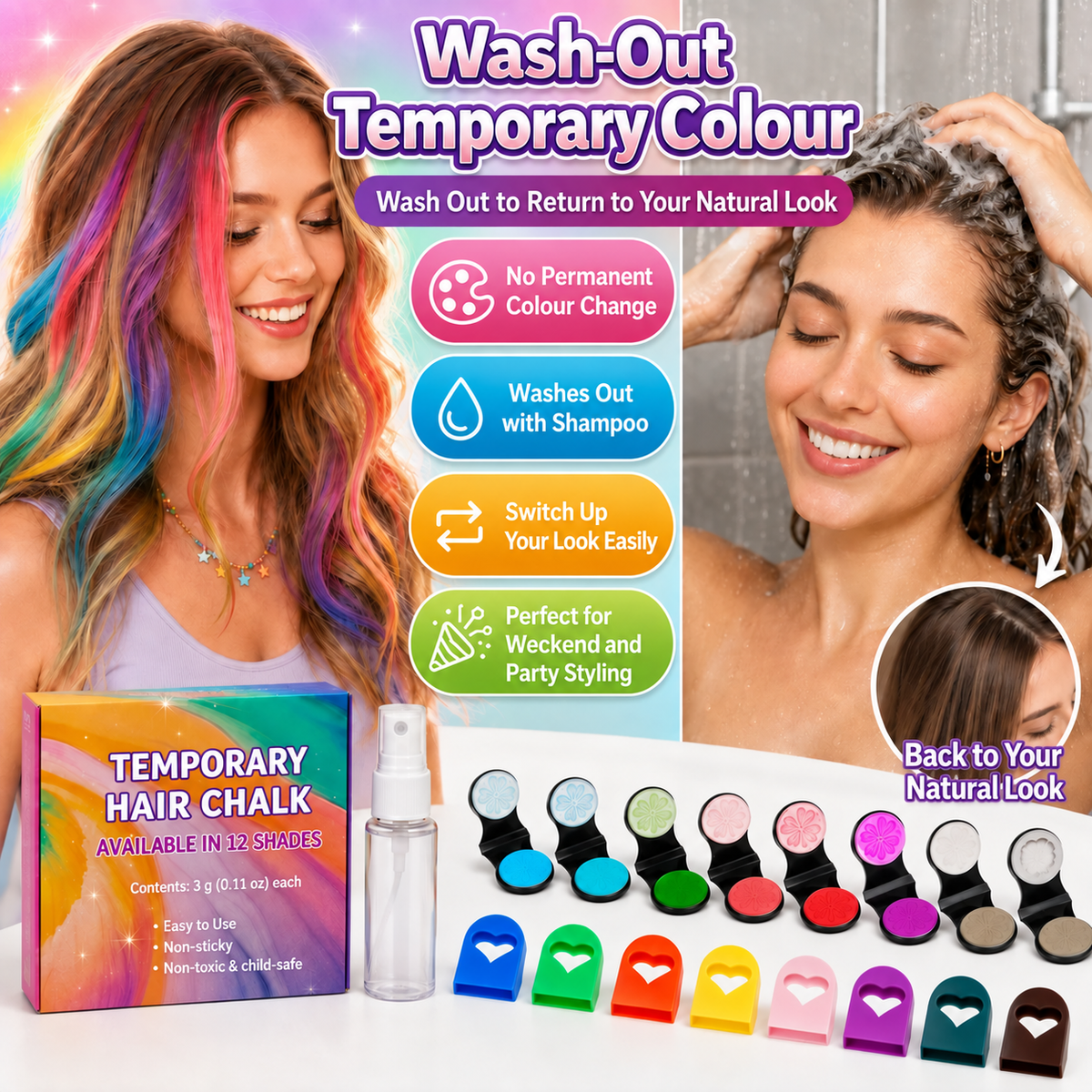 🆙 TODAY ONLY: 50% OFF!! 🌈 12-Colour Hair Chalk Applicator Set 🌈 | ✅ No Bleaching, No Stains |