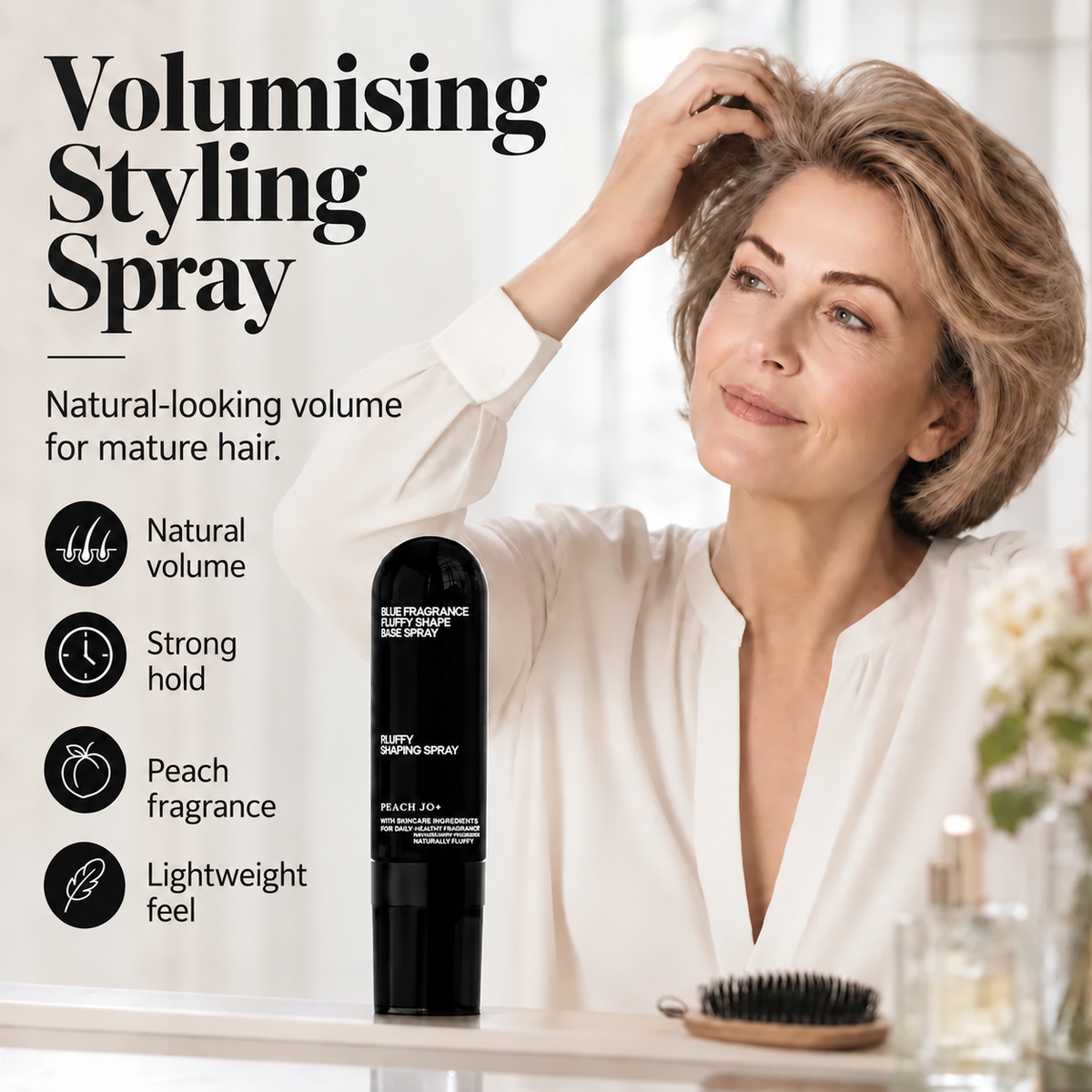 🍑✨ Peach-Scented Volumising Spray – long-lasting hold and added fullness; a lightweight styling spray for smooth, flat hair.